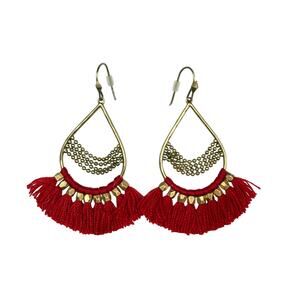 Stella & Dot Red Tassel Dangle Drop Earrings‎ Gold Tone Boho Bohemian Statement